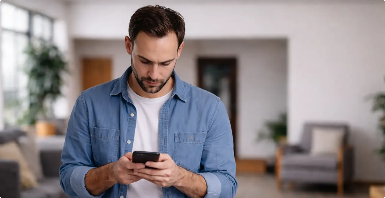 Homem acompanhando tratamento capilar pelo celular